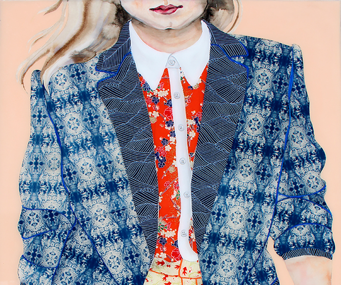 cropped painting of woman in blue jacket