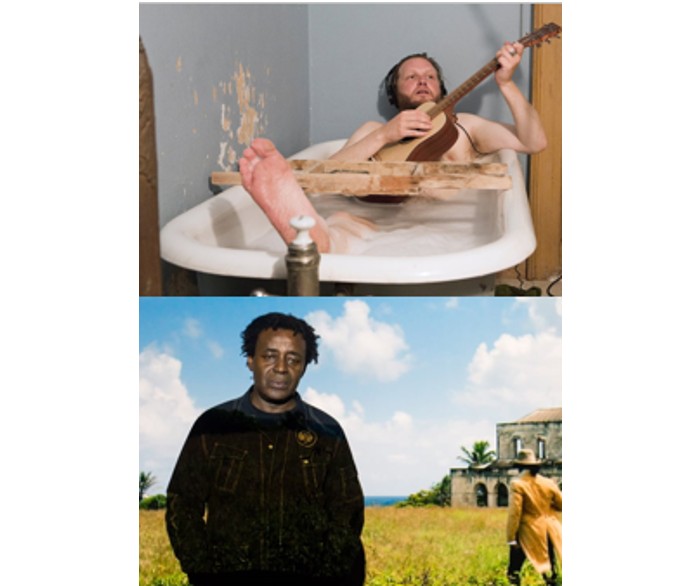 man playing guitar in bath, and man in field